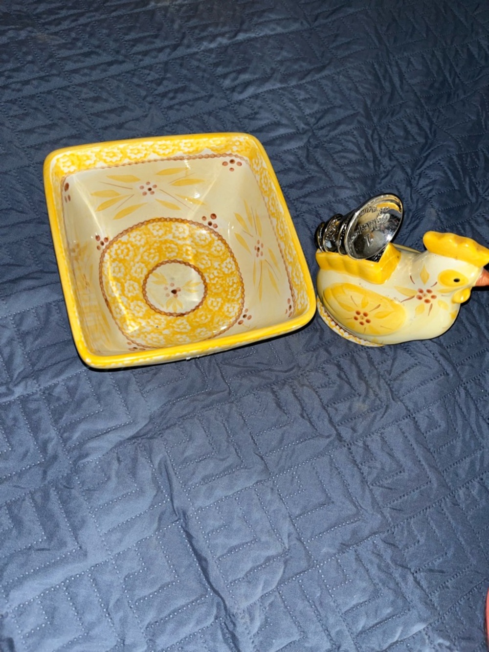 Temp-rations Chicken Yellow Floral Ceramic Bowl and Hen Measuring spoon holder